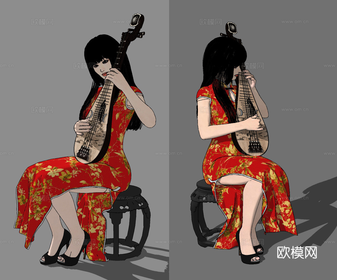 中式琵琶女性人物su模型下载