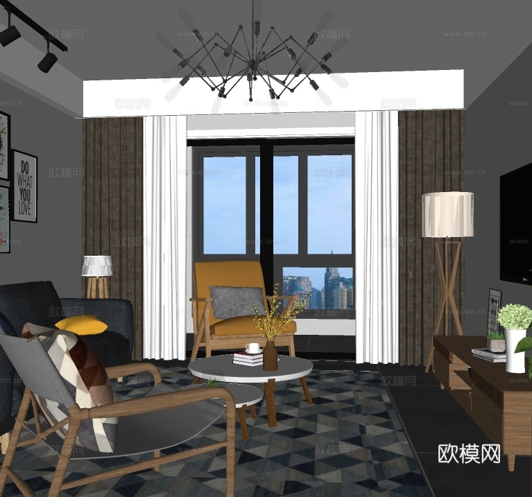 北欧客厅su模型下载