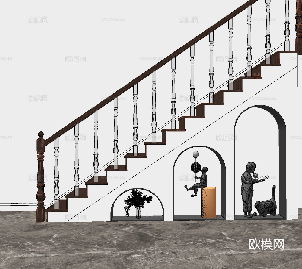 简欧实木楼梯su模型下载