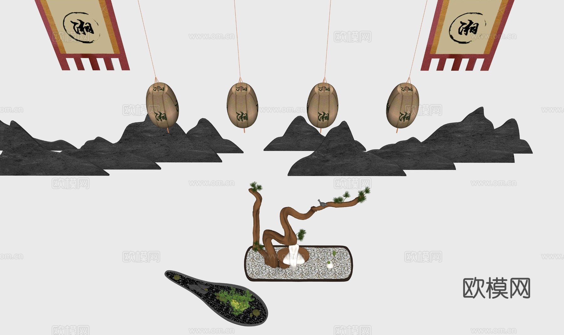 新中式假山景观小品su模型下载