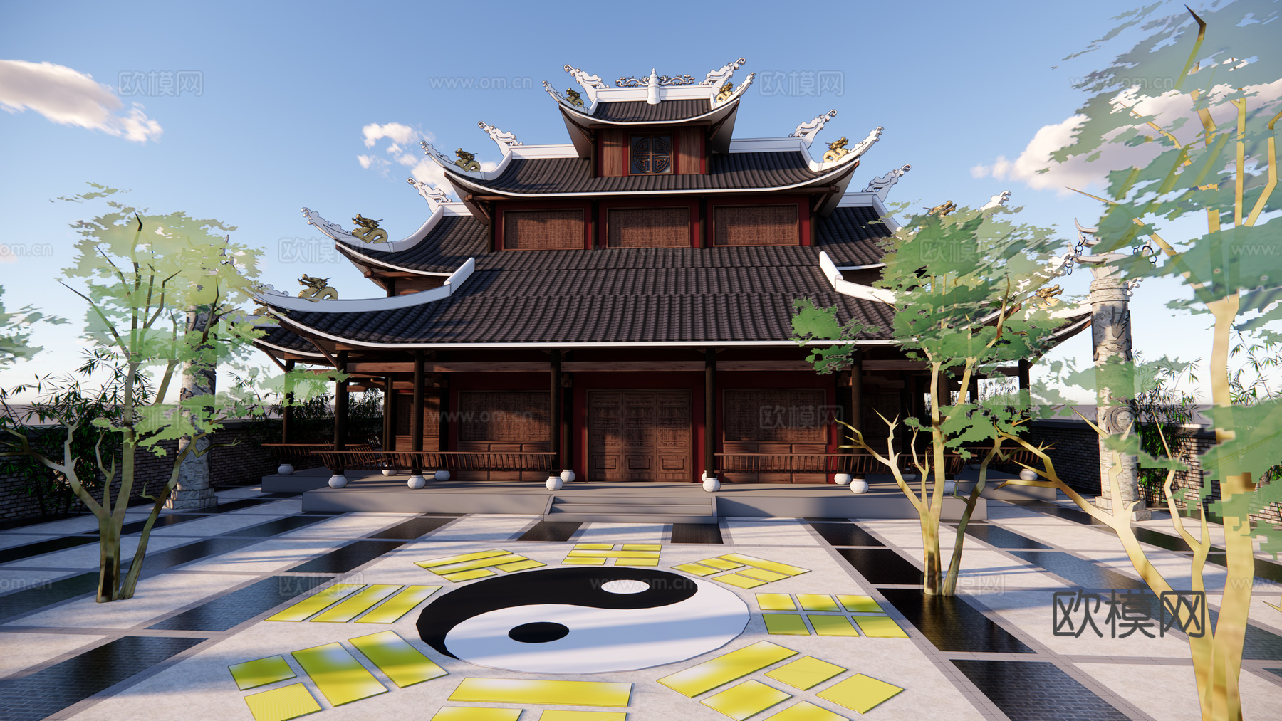 中式古建龙王庙su模型下载