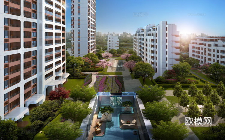 现代高层住宅小区外观su模型下载