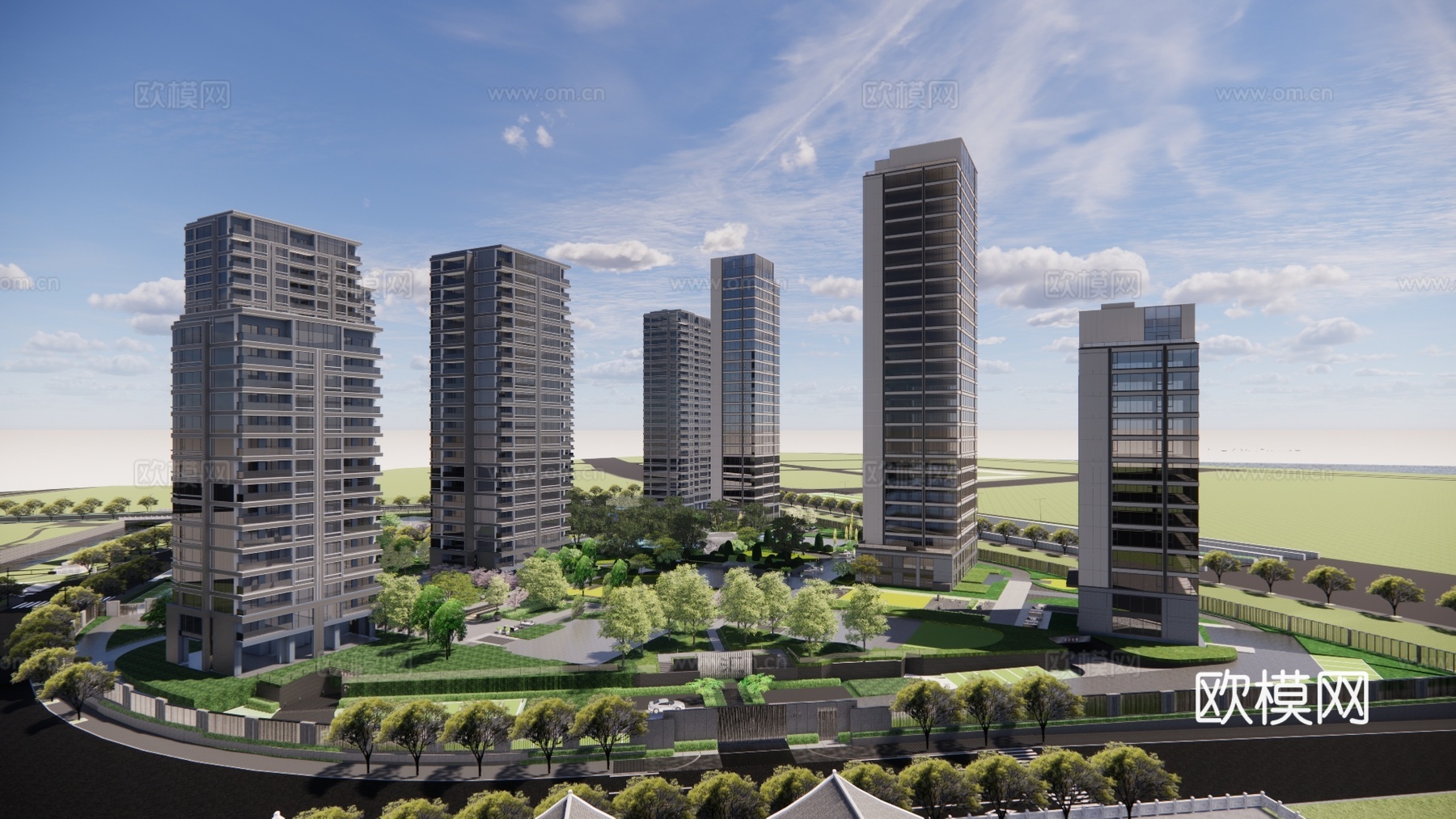 现代高层住宅小区建筑外观su模型下载