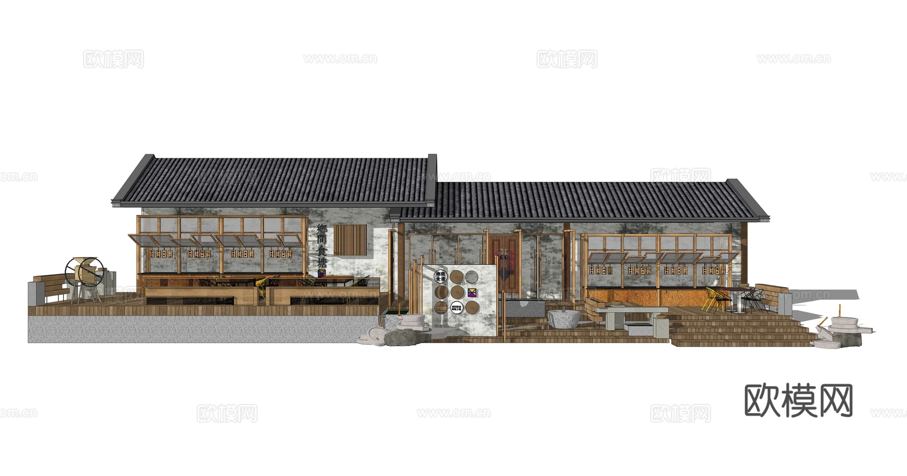 中式古建农家乐外观su模型下载