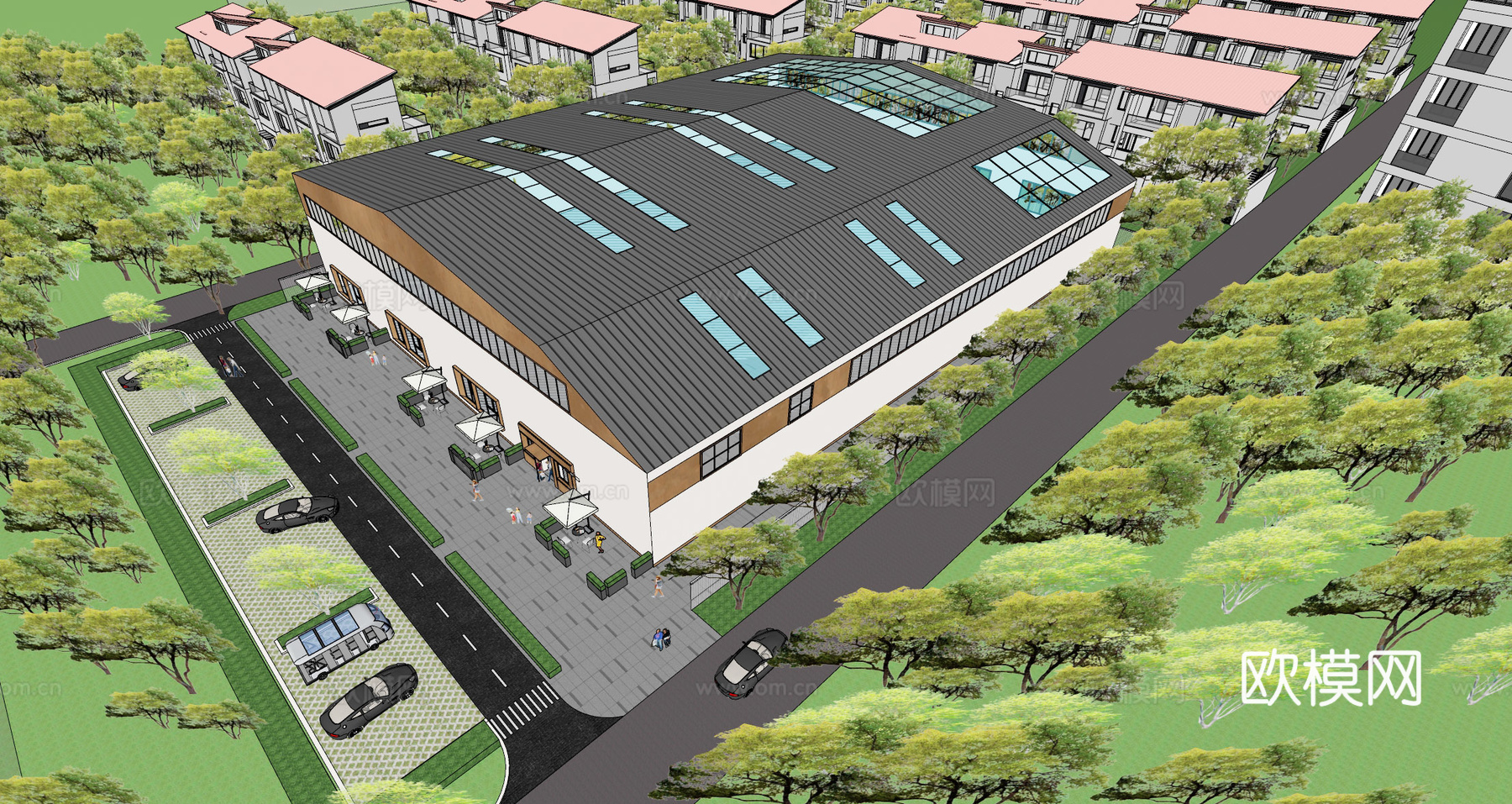 新中式厂房建筑外观su模型下载