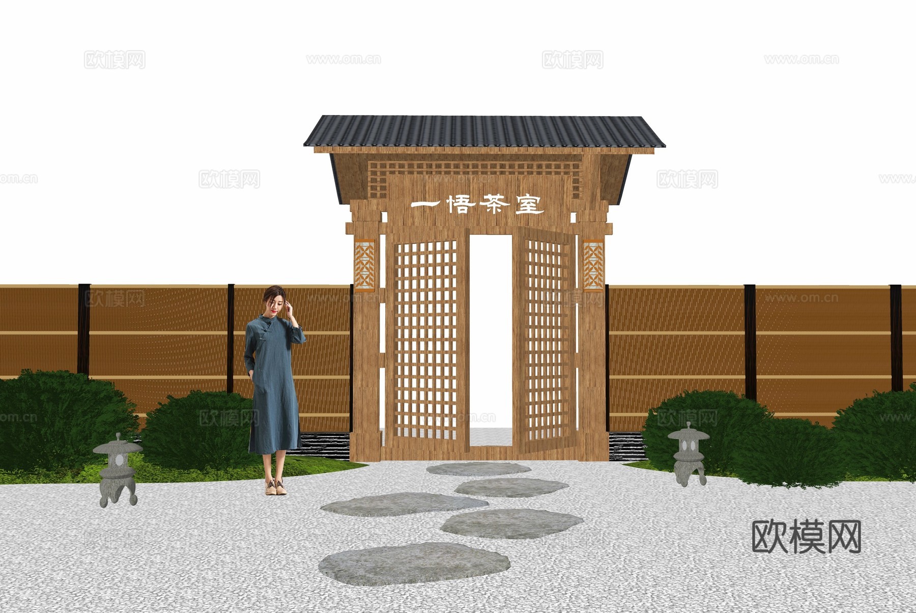 新中式院墙庭院门su模型下载