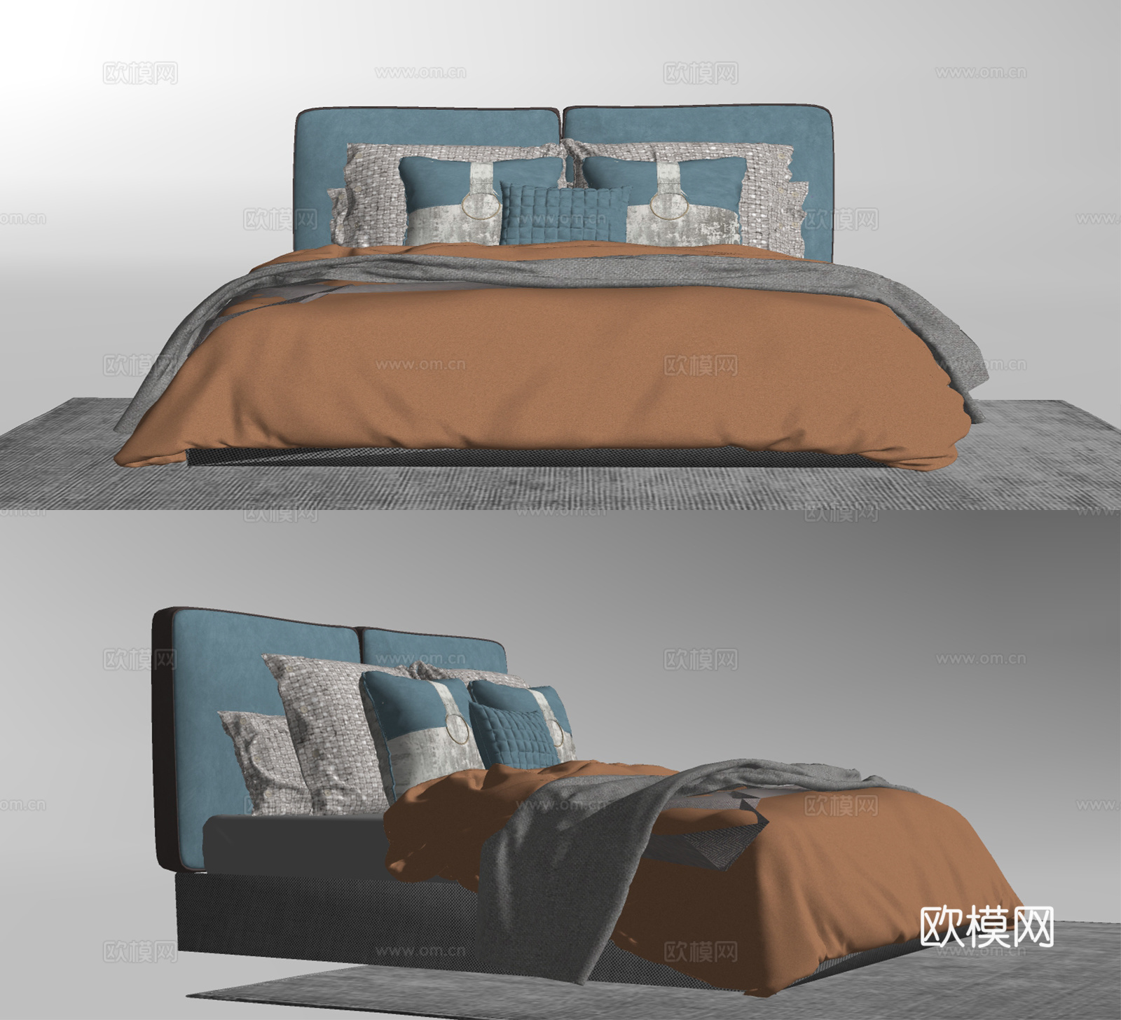 现代布艺双人床su模型下载下载（渲染图2）