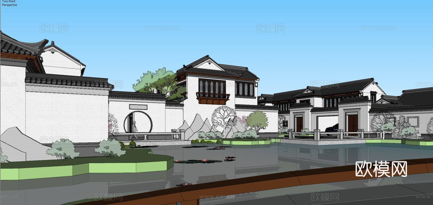 中式古建联排别墅外观su模型下载