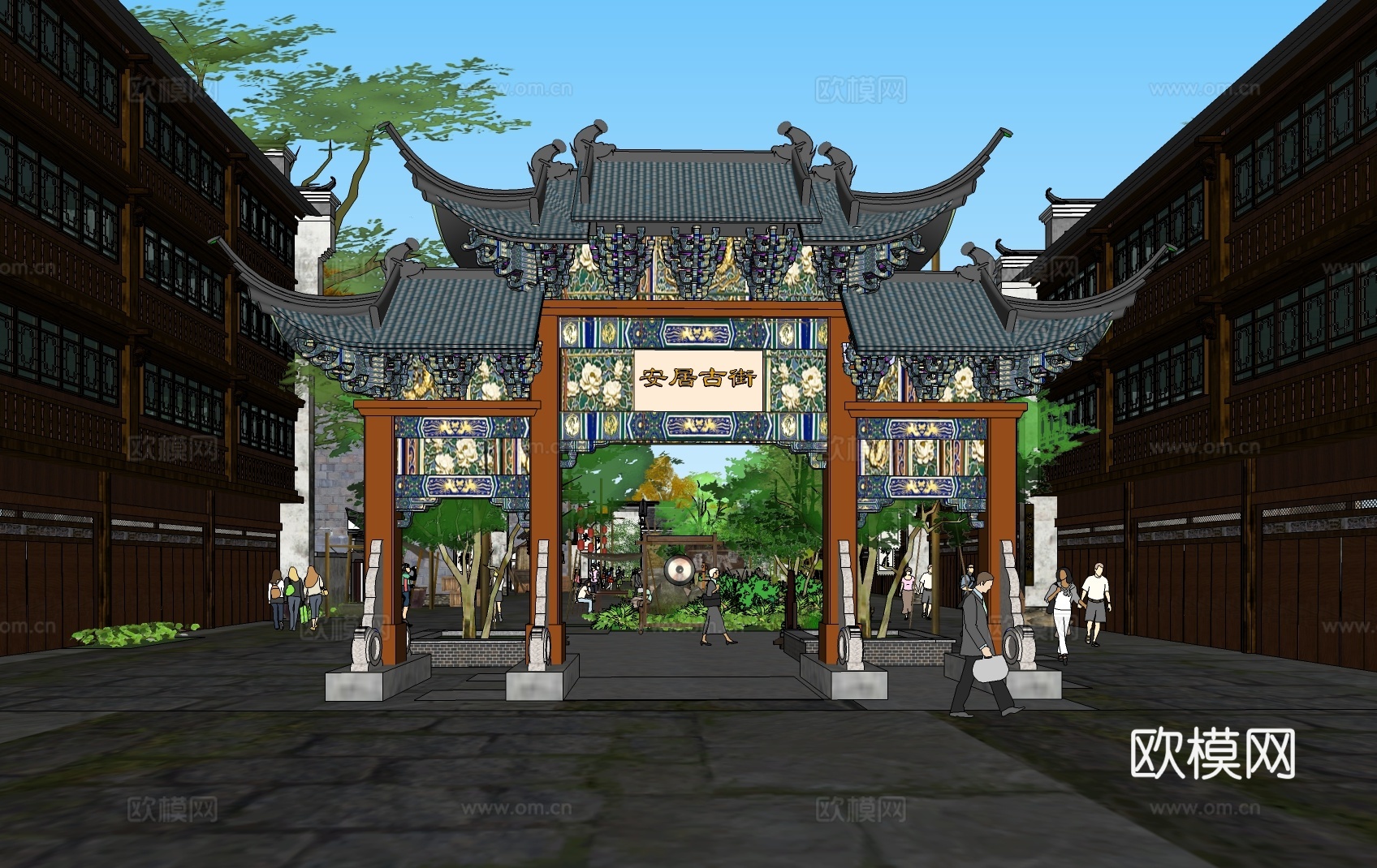 新中式商业街su模型下载