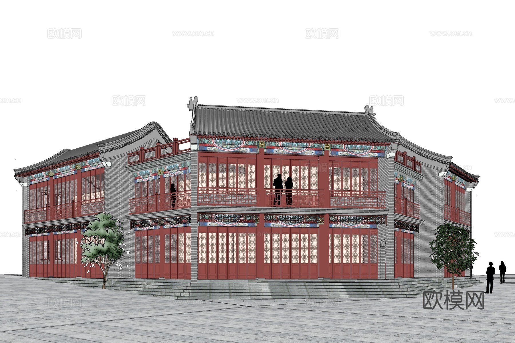 中式四合院外观su模型下载