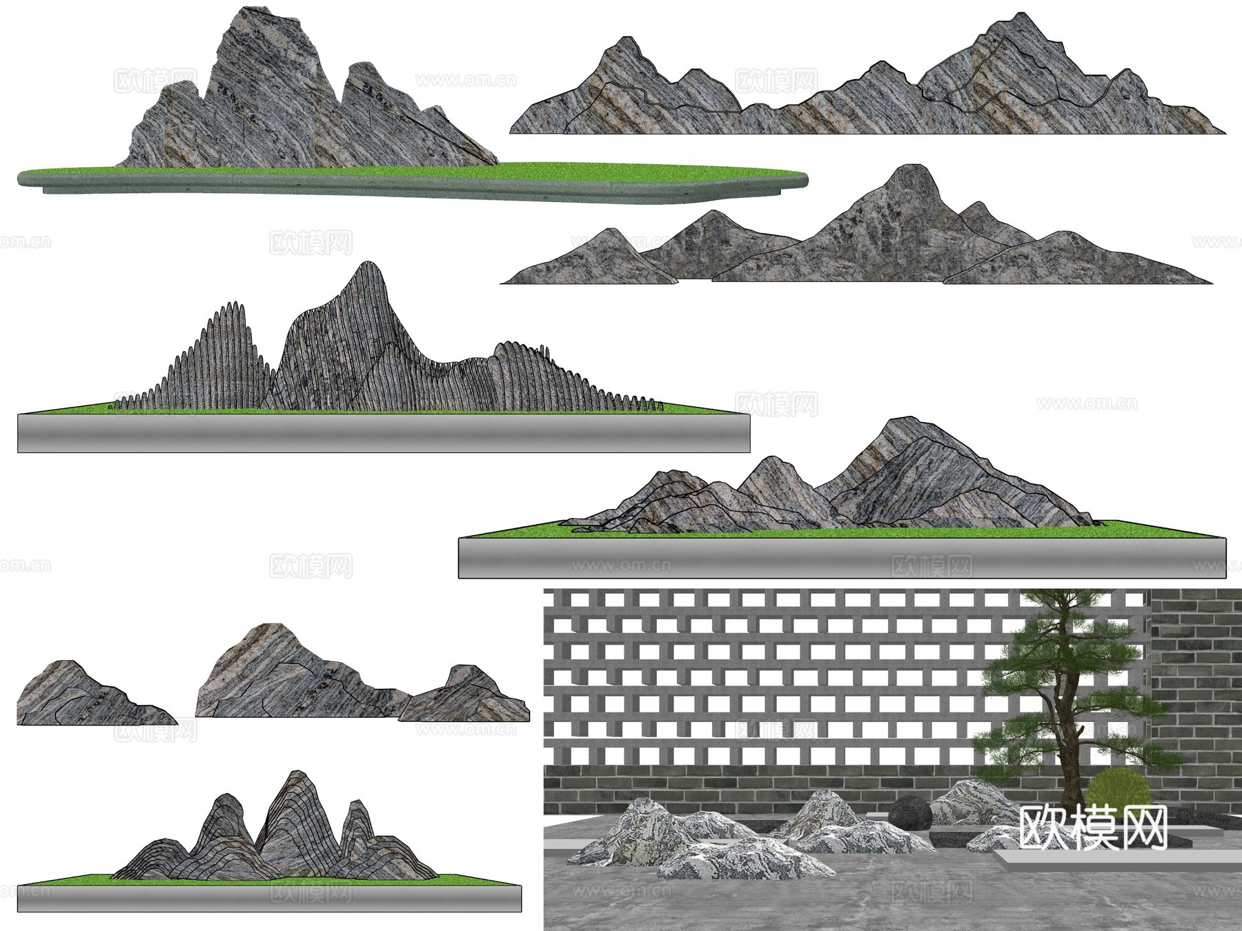 中式雪浪石泰山石片石su模型下载