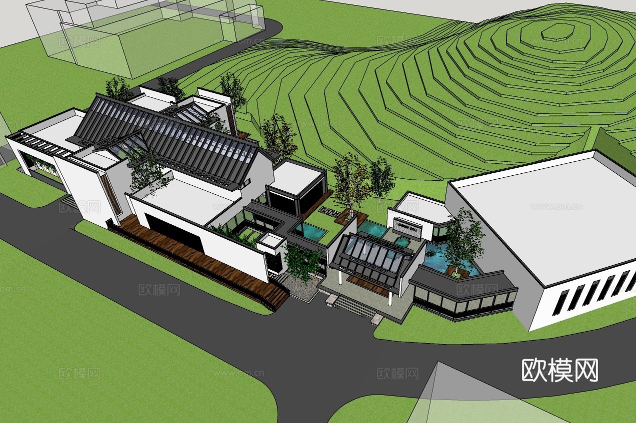 新中式山地会所建筑外观su模型下载