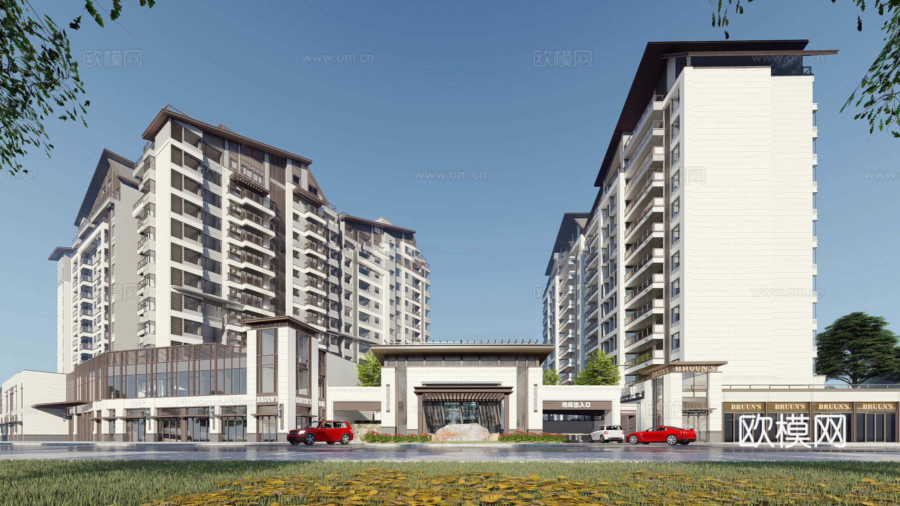 新中式住宅小区外观su模型下载
