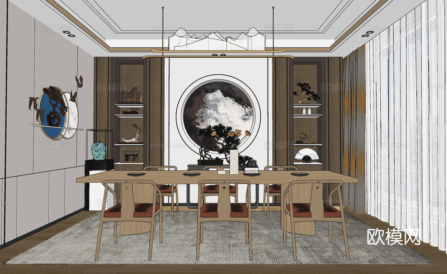 新中式餐厅su模型下载