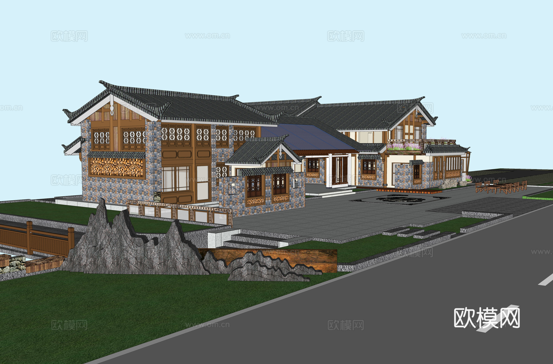 新中式古建民宿外观su模型下载