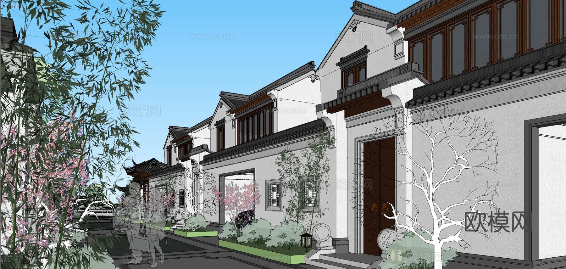 中式古建联排别墅外观su模型下载
