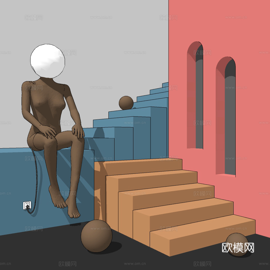 现代抽象人物雕塑摆件su模型下载