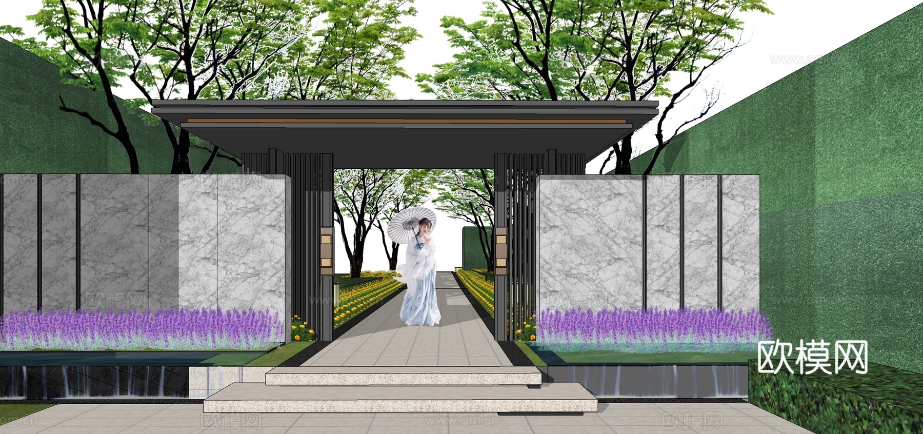 新中式小区门头su模型下载