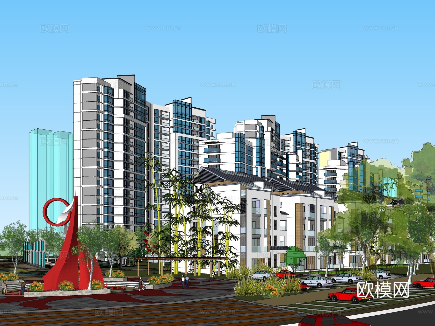 现代住宅小区外观su模型下载
