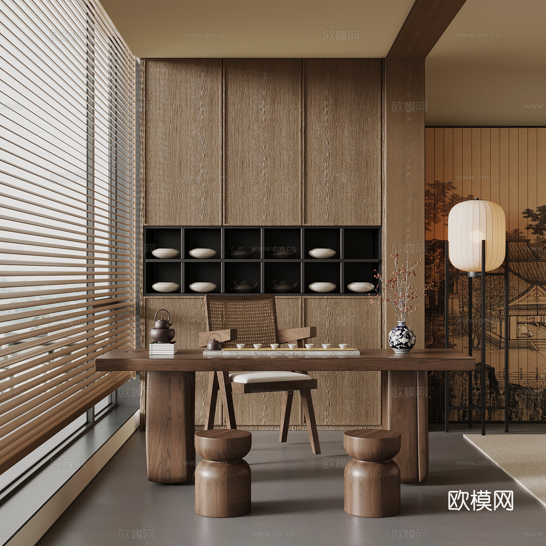 新中式阳台 茶叶柜 小茶台su模型