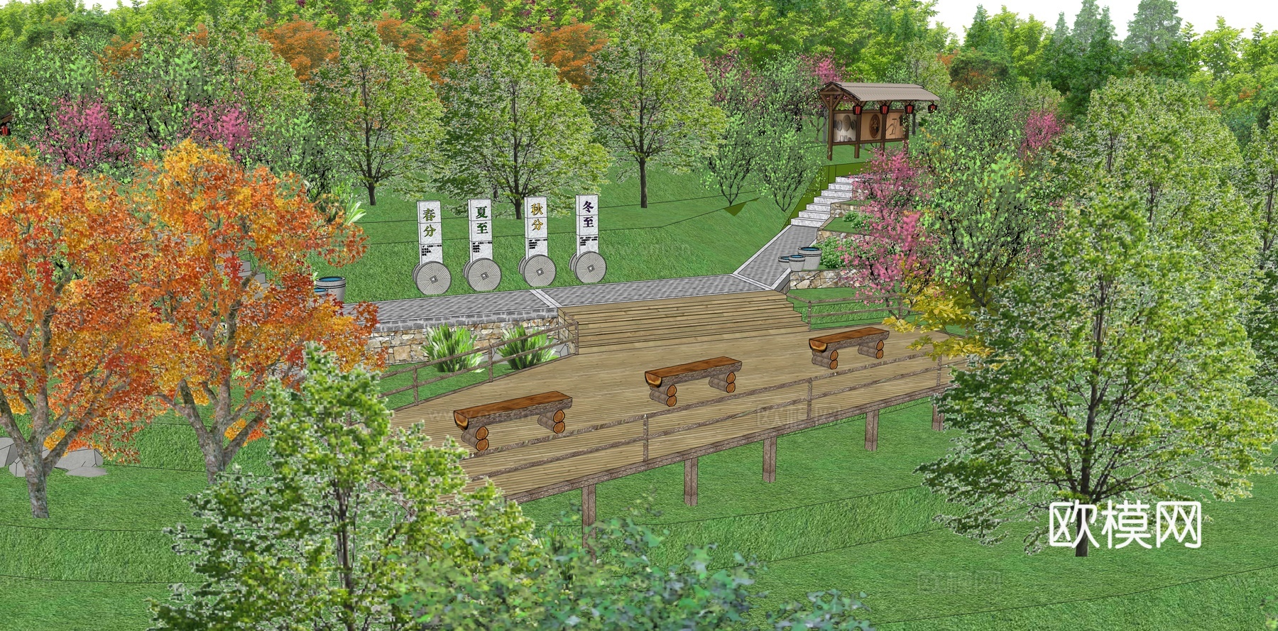 新中式山地公园su模型下载