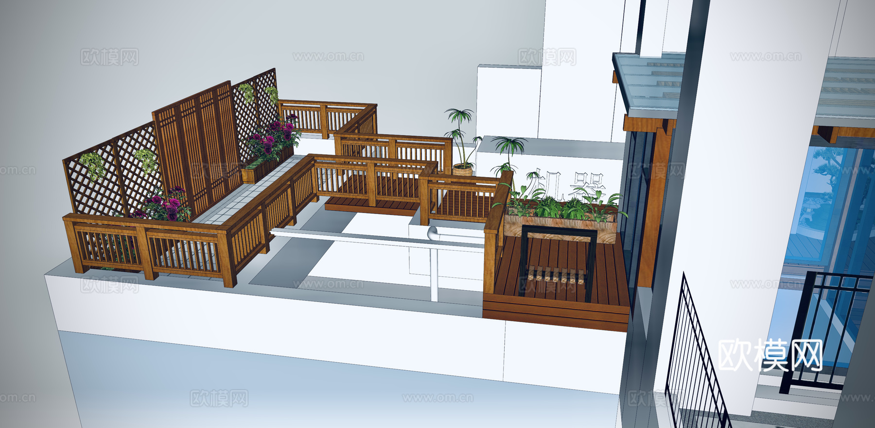 新中式屋顶露台花园su模型下载