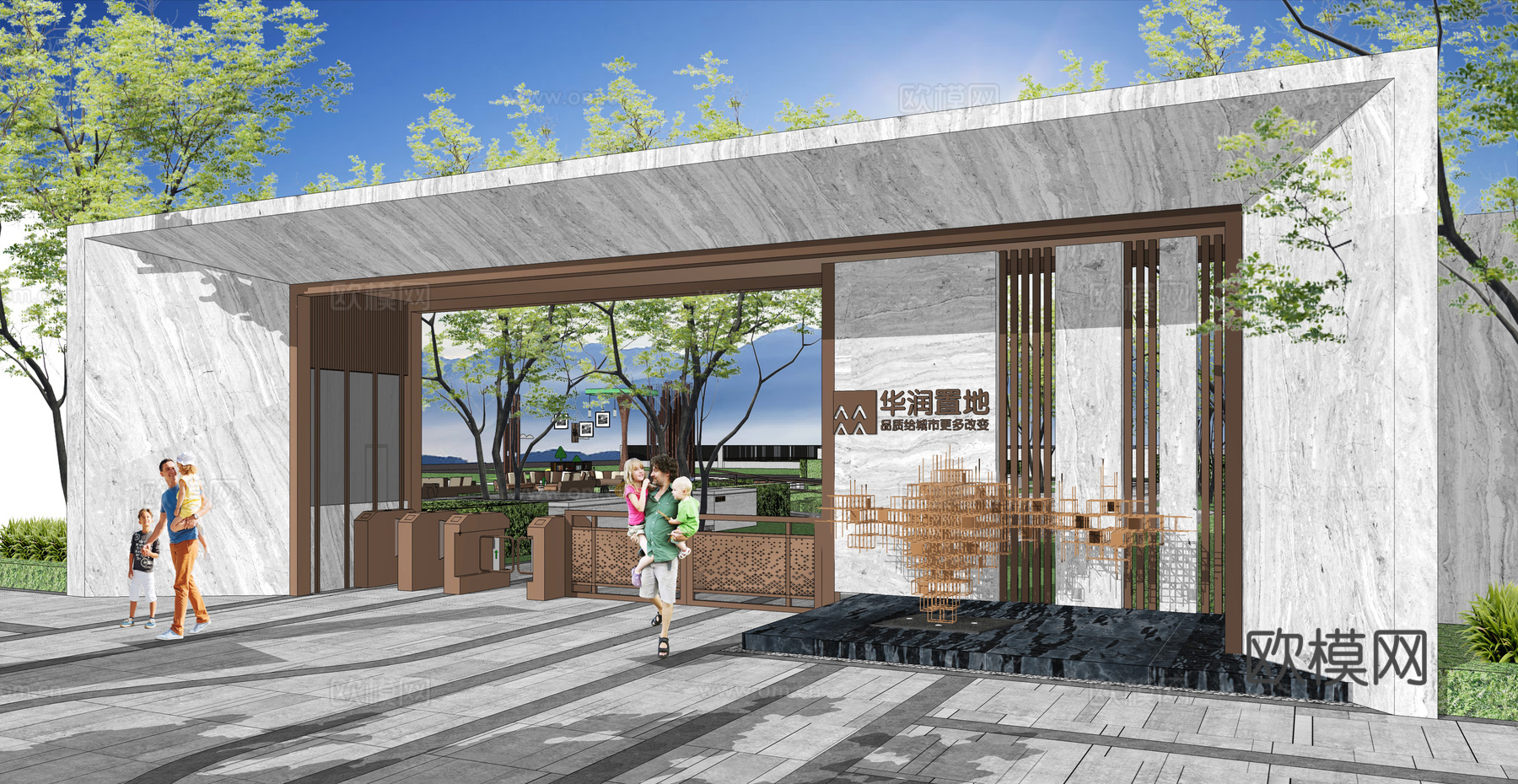 现代住宅小区入口景观su模型下载