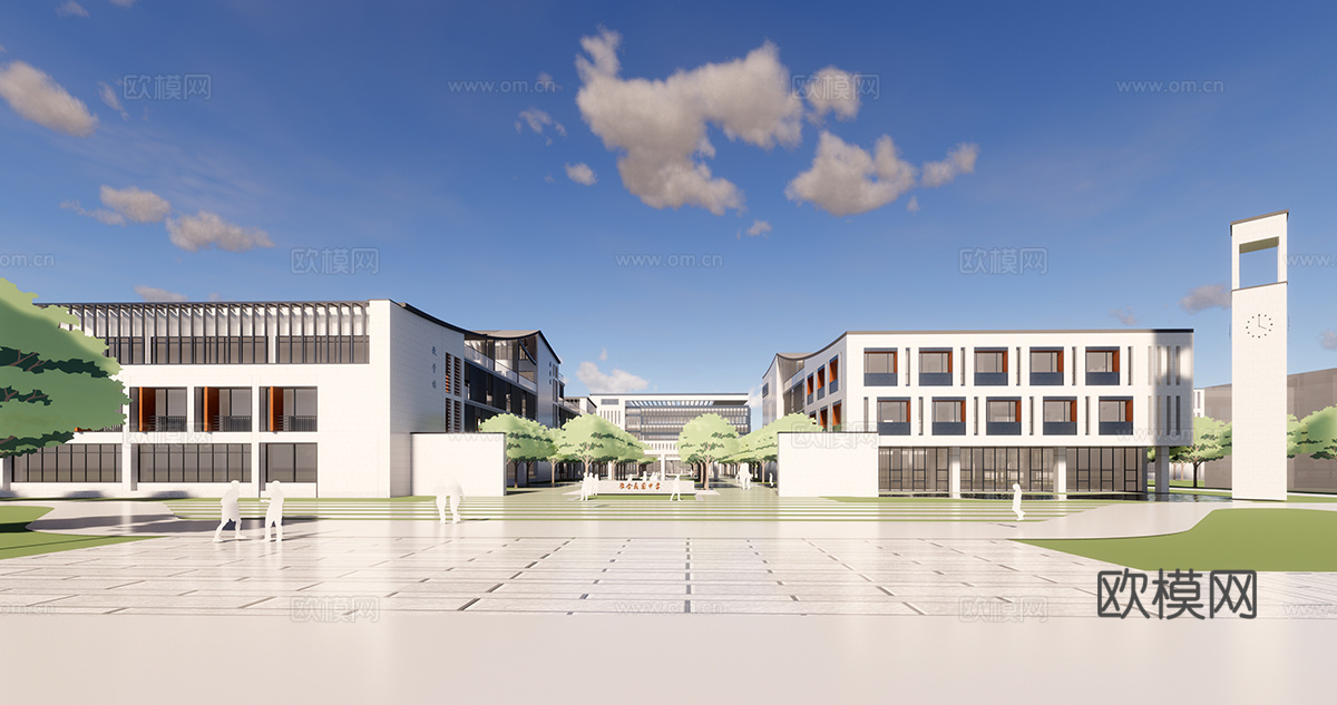 新中式学校教学楼su模型下载