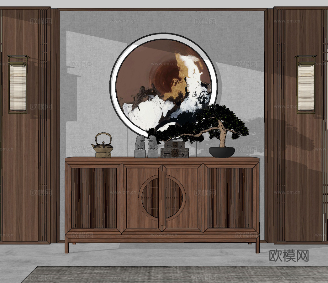 新中式实木边柜su模型下载