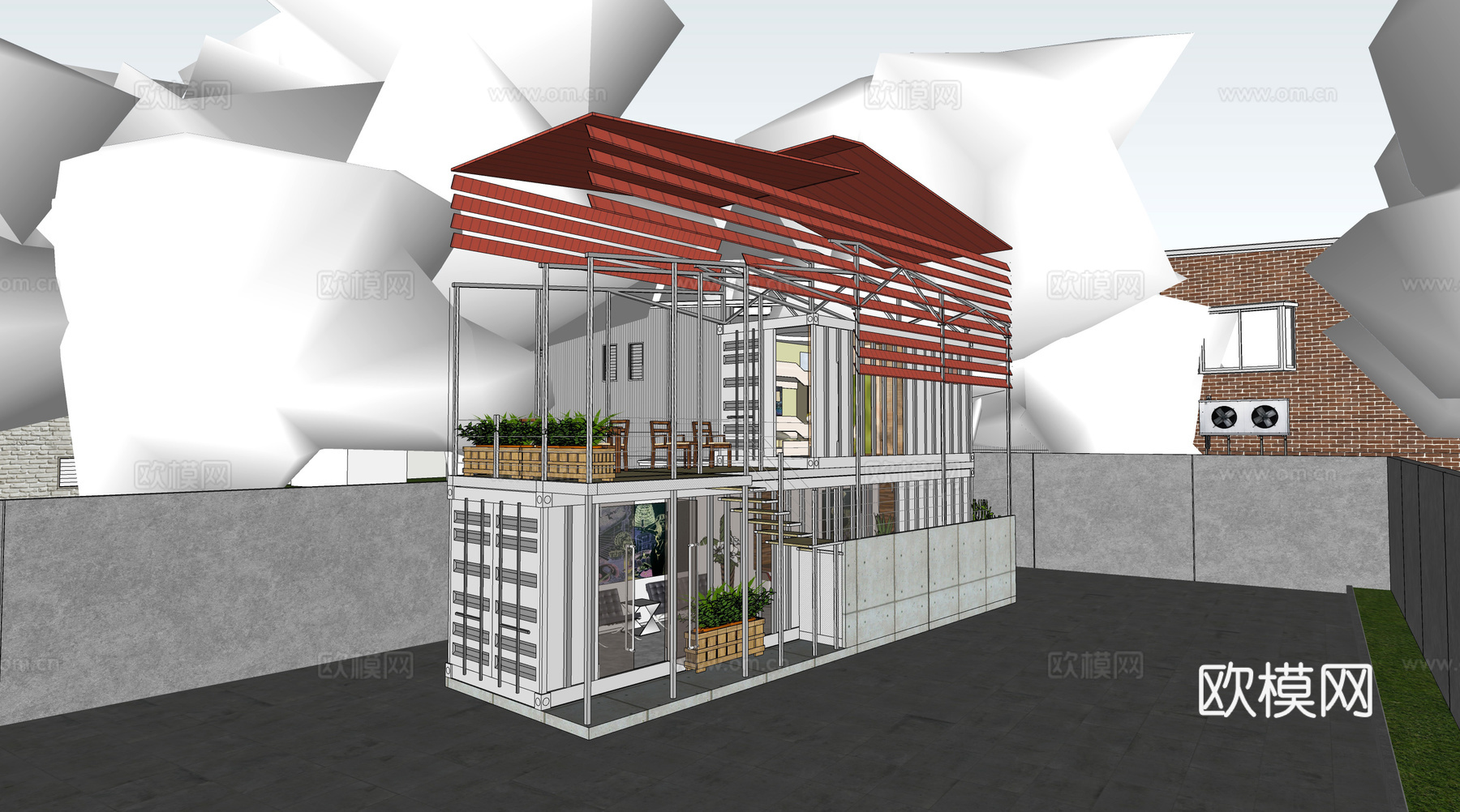 工业风集装箱建筑外观su模型下载