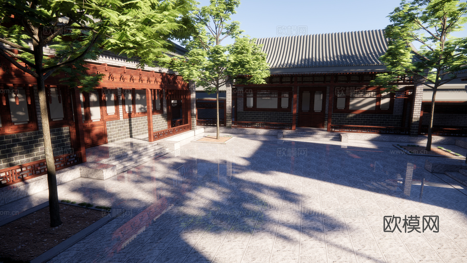 中式古建四合院su模型下载