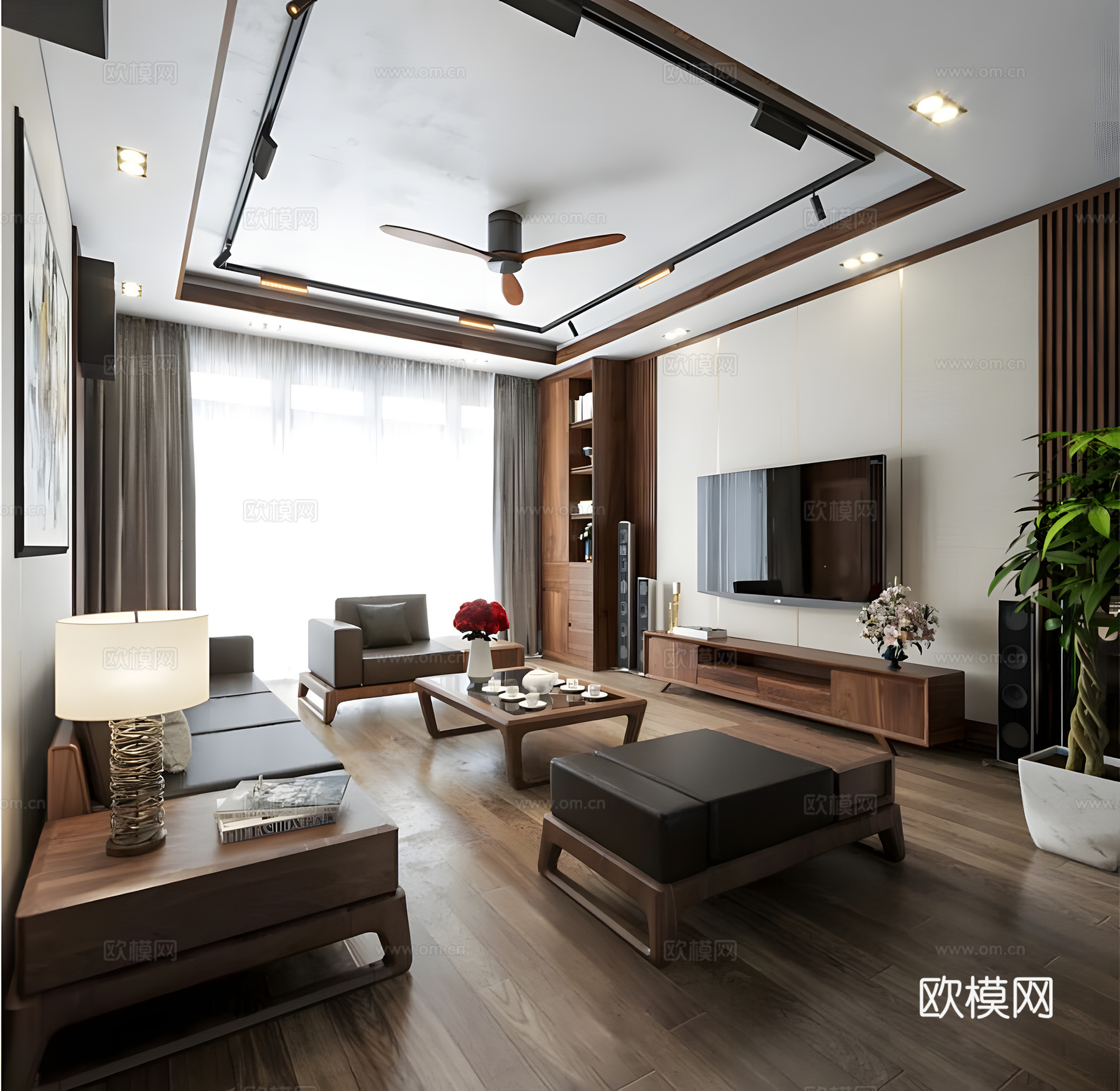 新中式客厅su模型下载