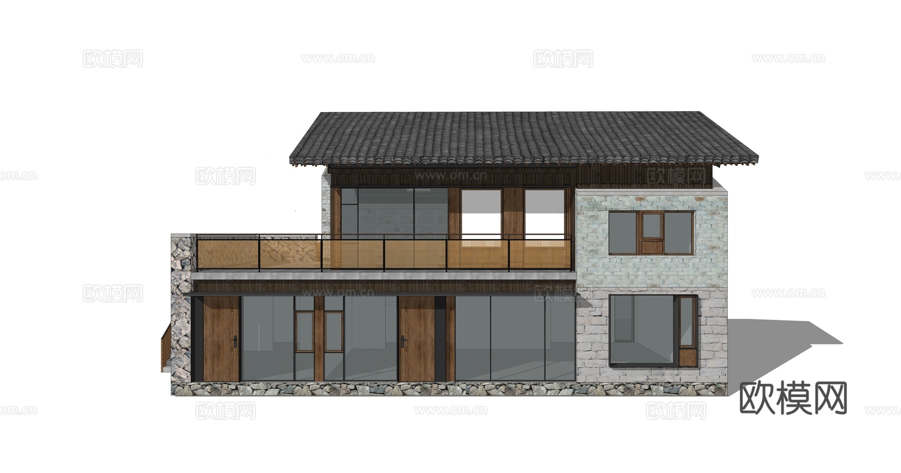 新中式民宿酒店建筑外观su模型下载
