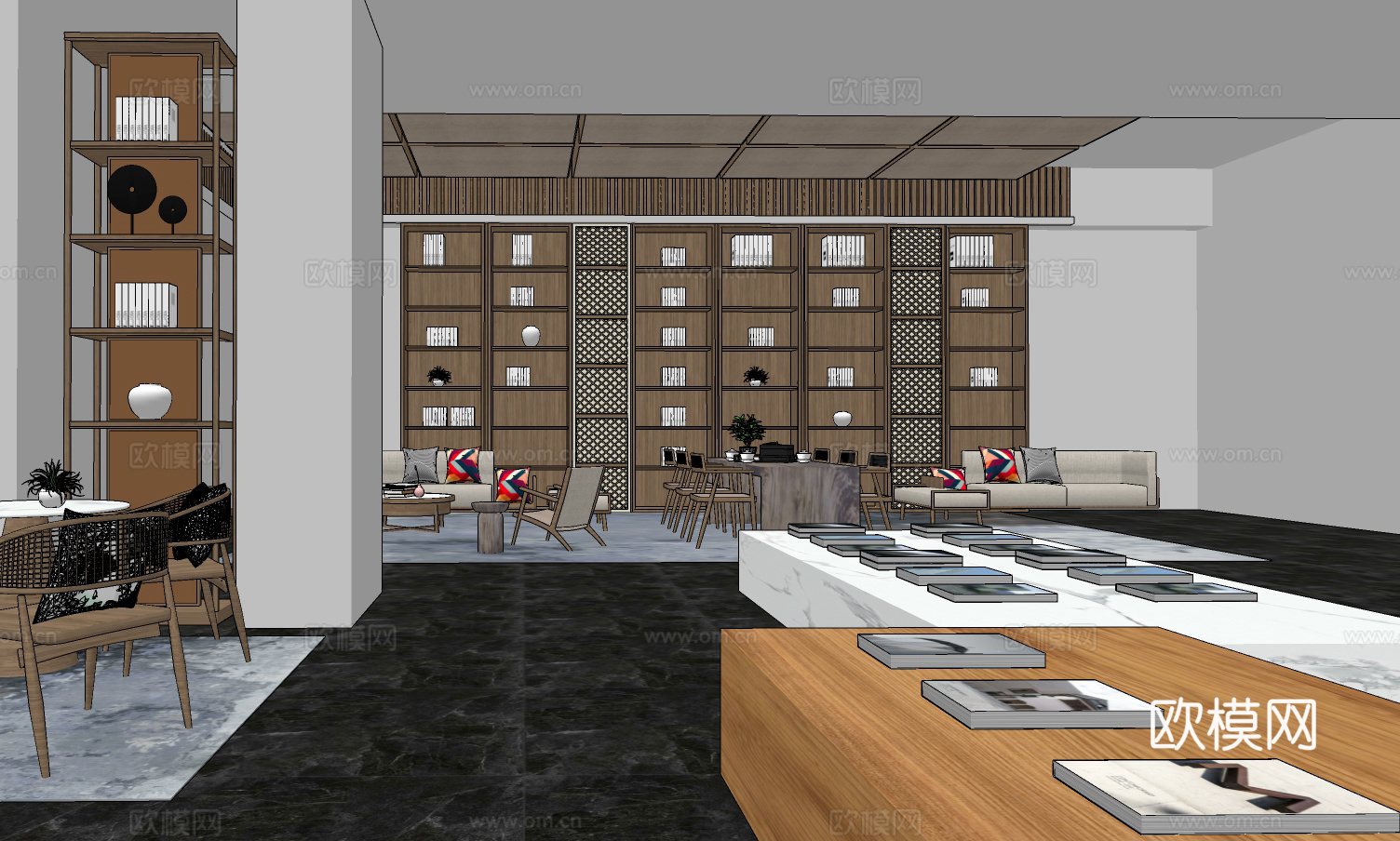新中式图书馆阅览区su模型下载下载