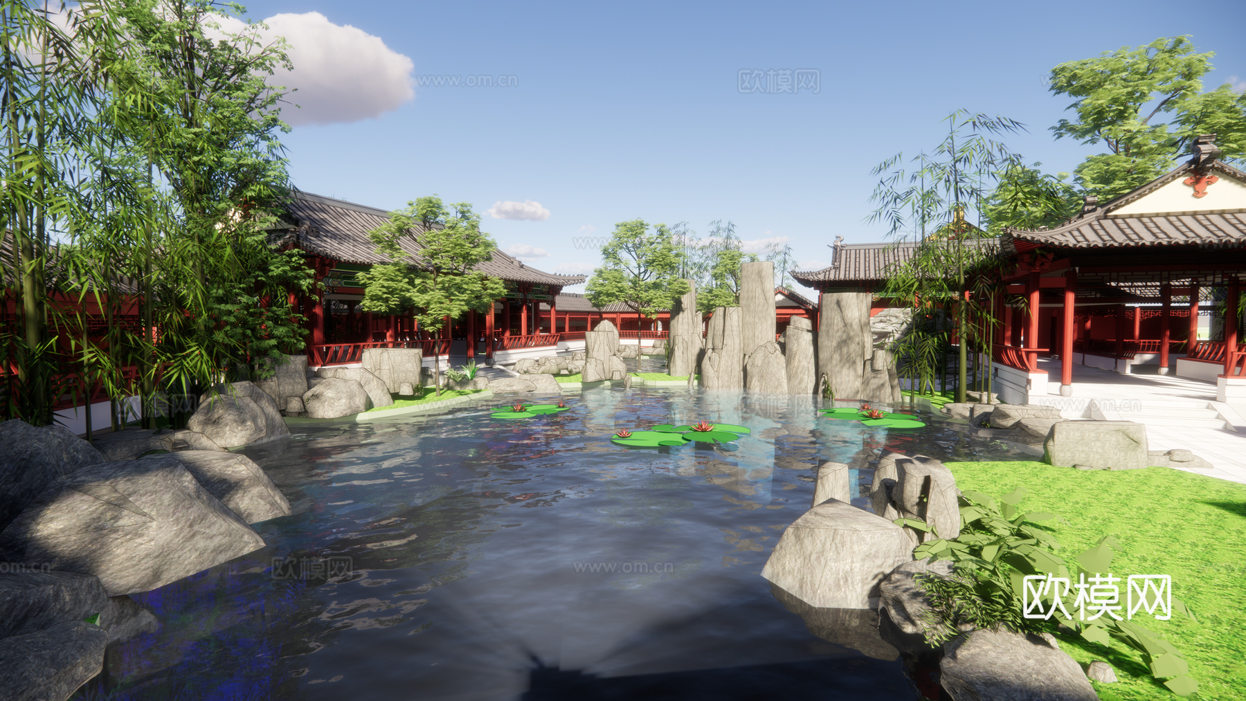 中式古建园林景观su模型下载