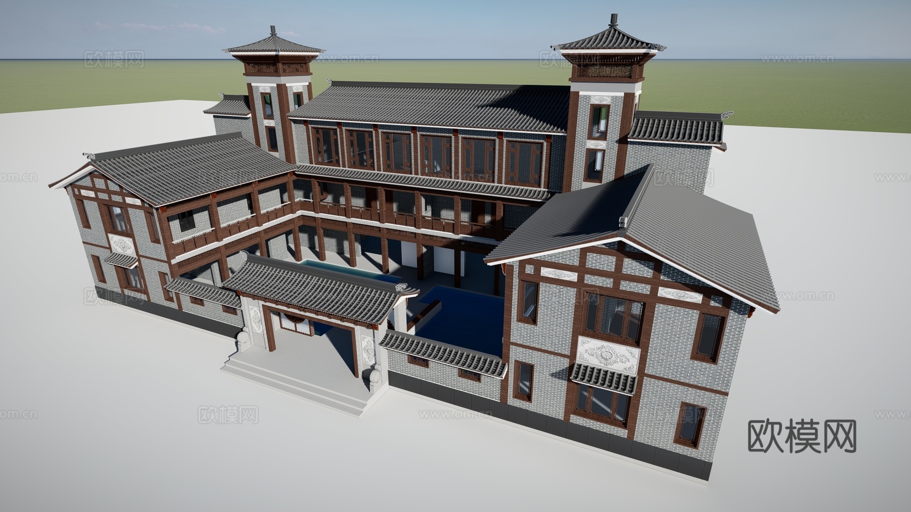 新中式徽派博物馆建筑外观su模型下载