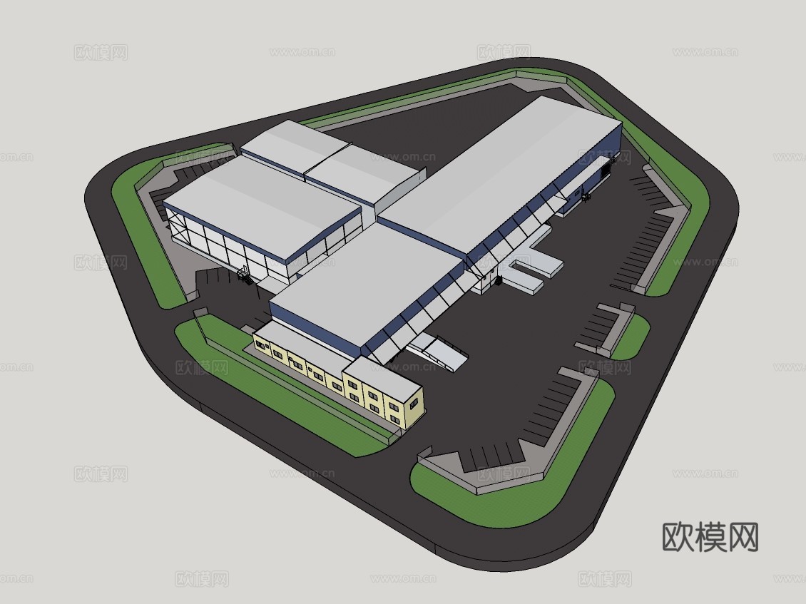 现代工厂建筑外观su模型下载