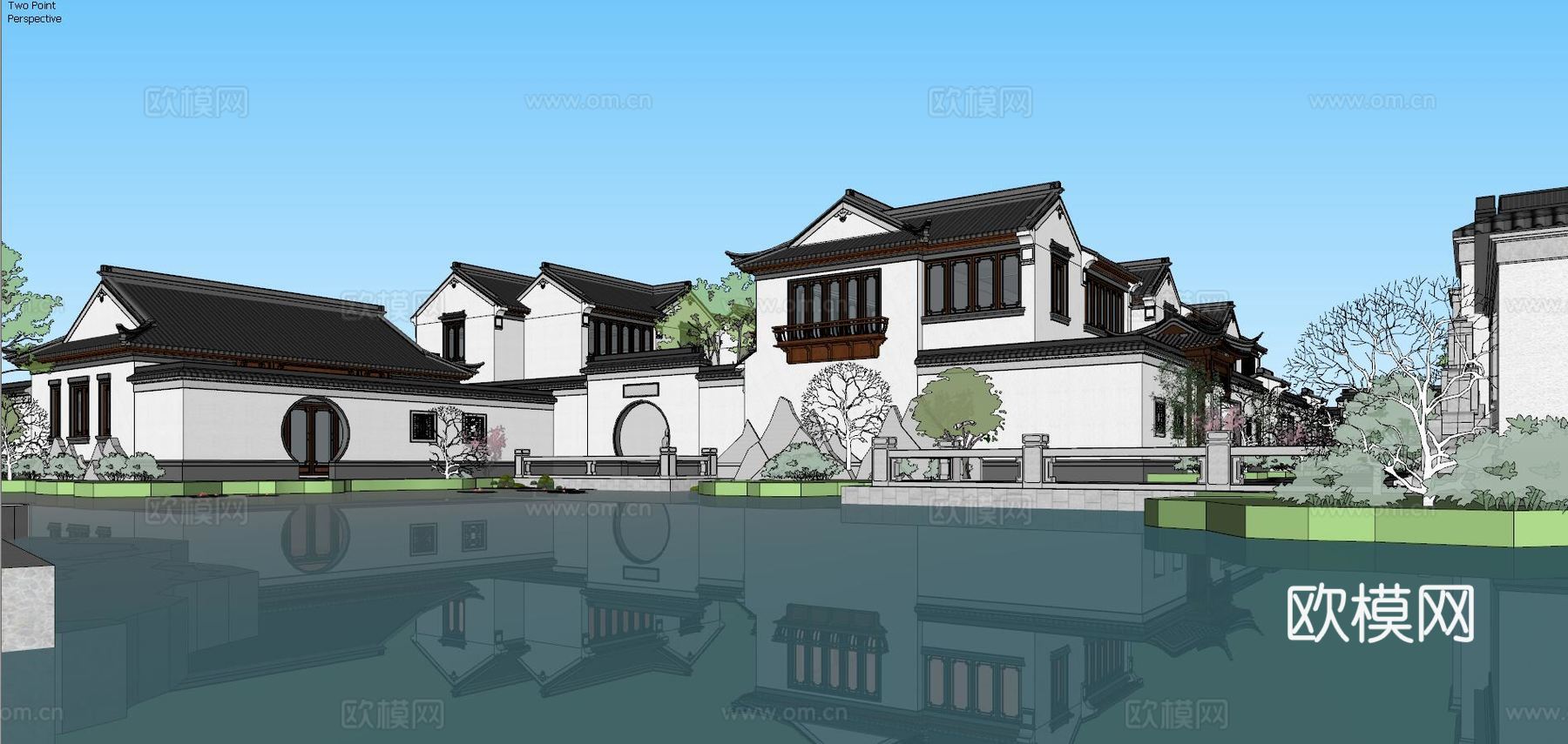 中式古建联排别墅外观su模型下载