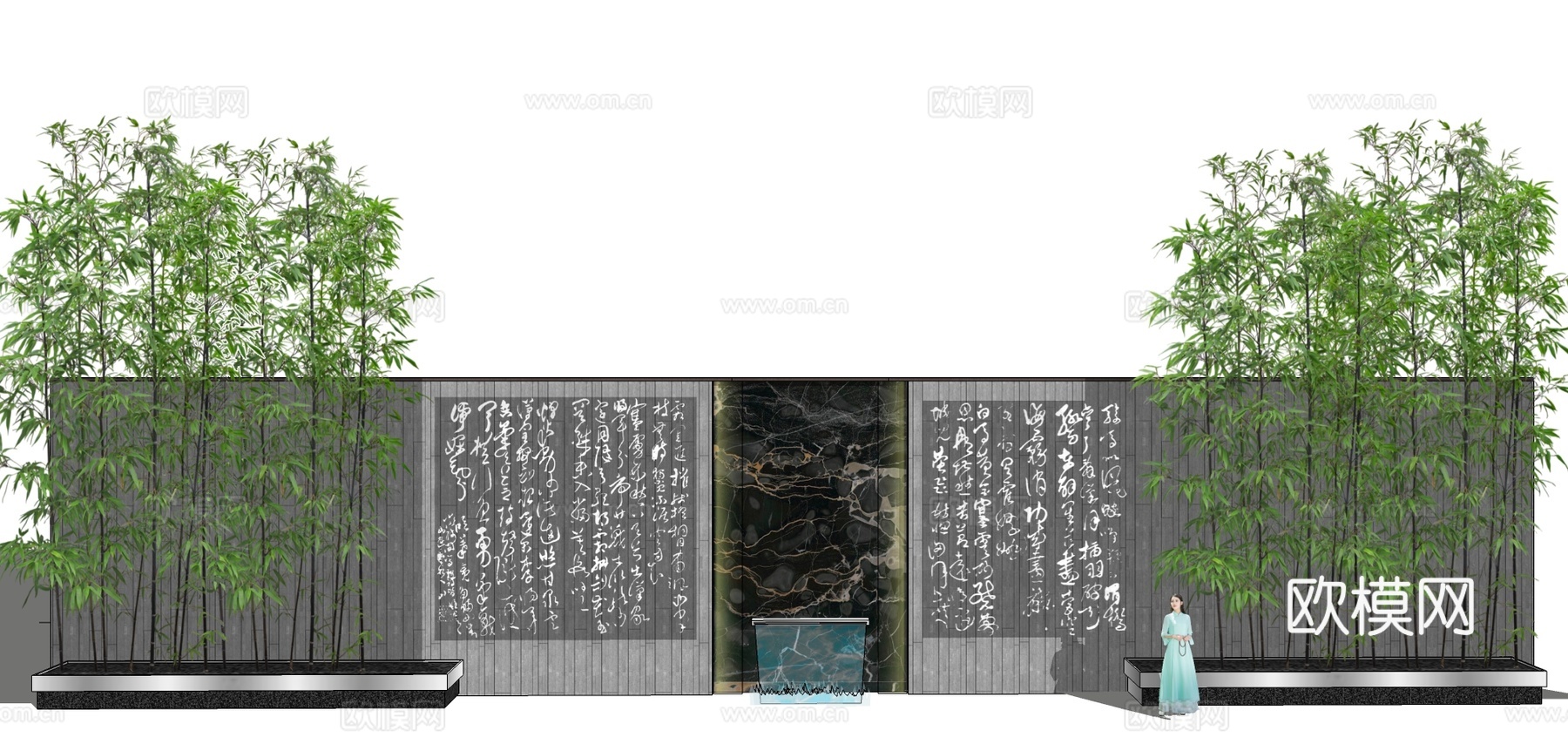 新中式庭院文字景观墙su模型下载