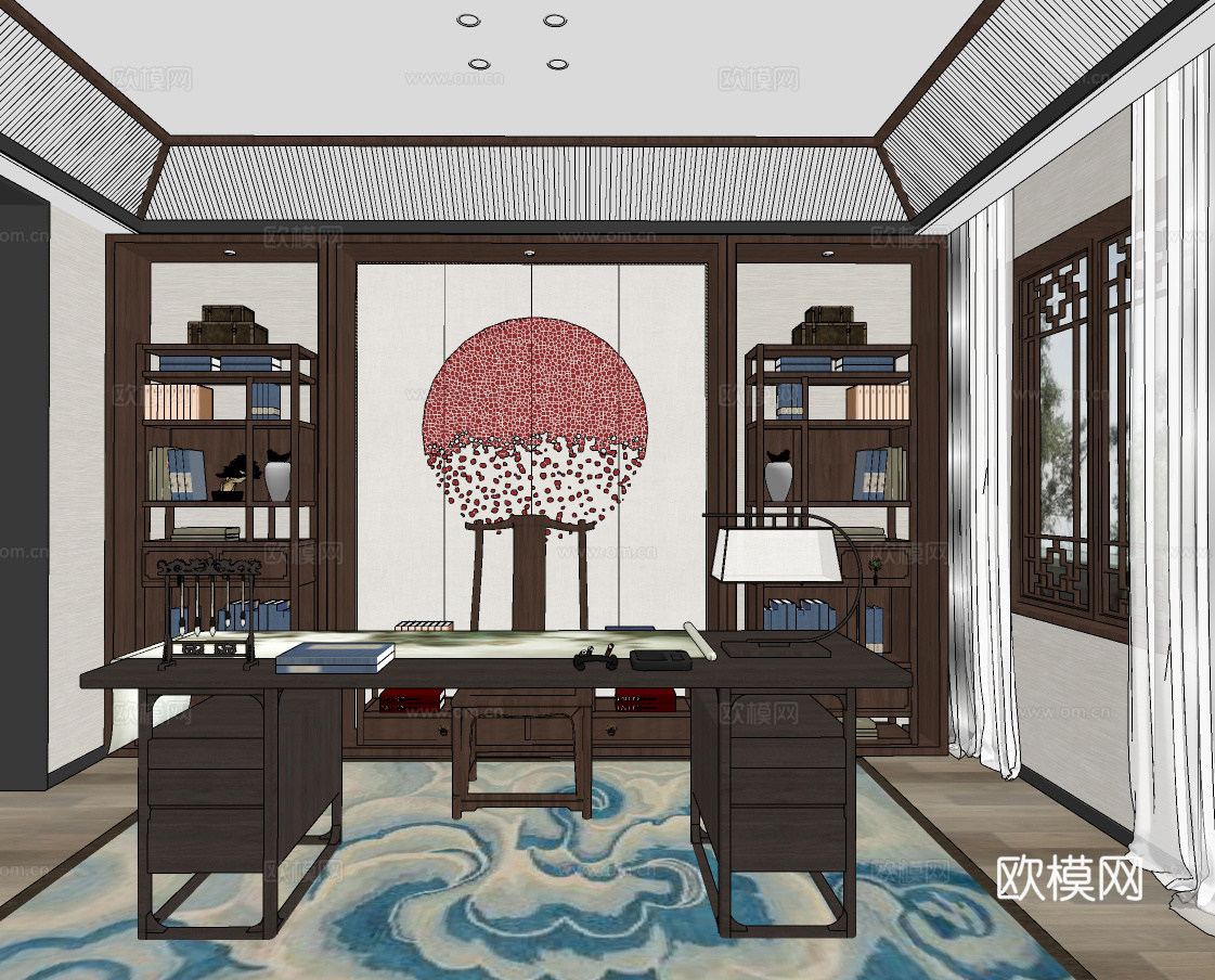 新中式书房su模型下载