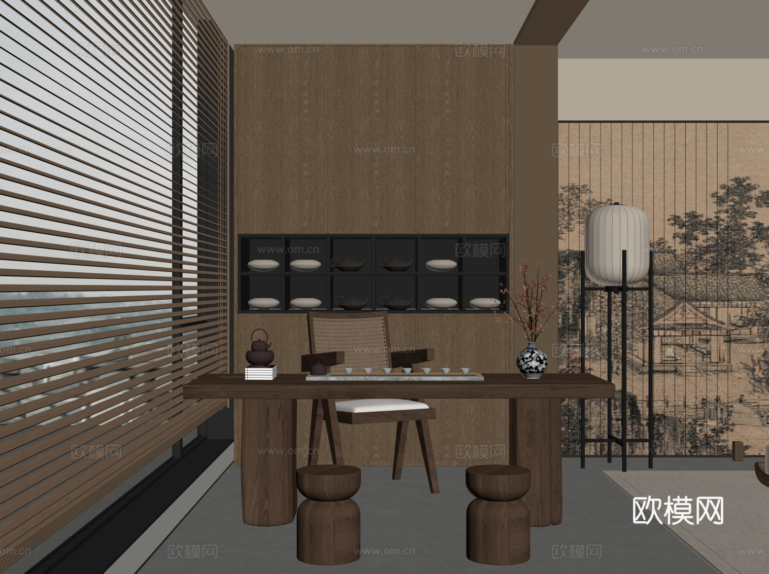 新中式阳台 茶叶柜 小茶台su模型