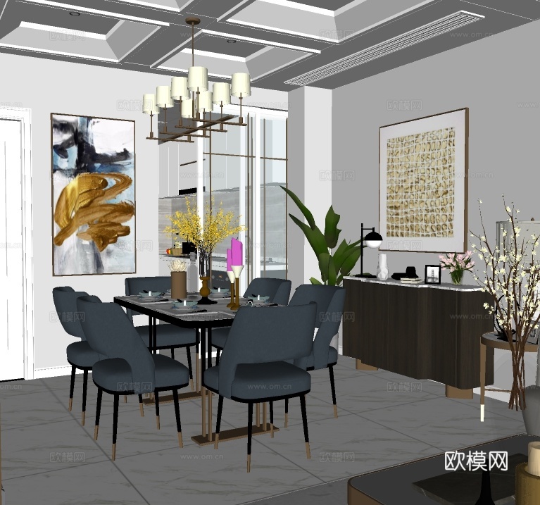 现代轻奢餐厅su模型下载