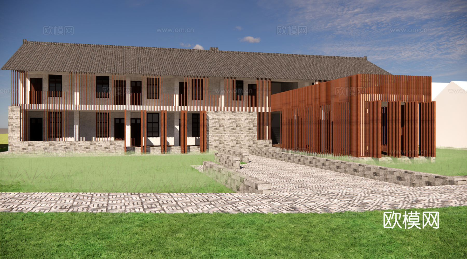 新中式乡村厂房建筑外观su模型下载