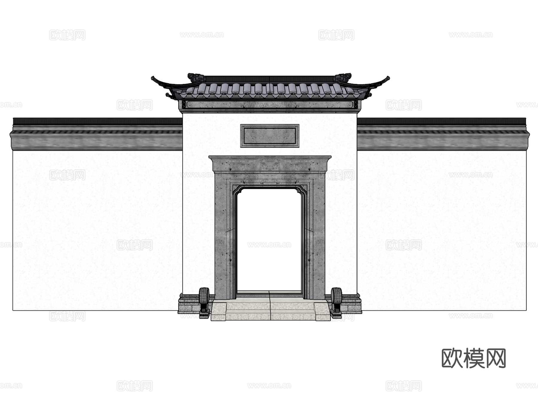 中式庭院门院墙su模型下载