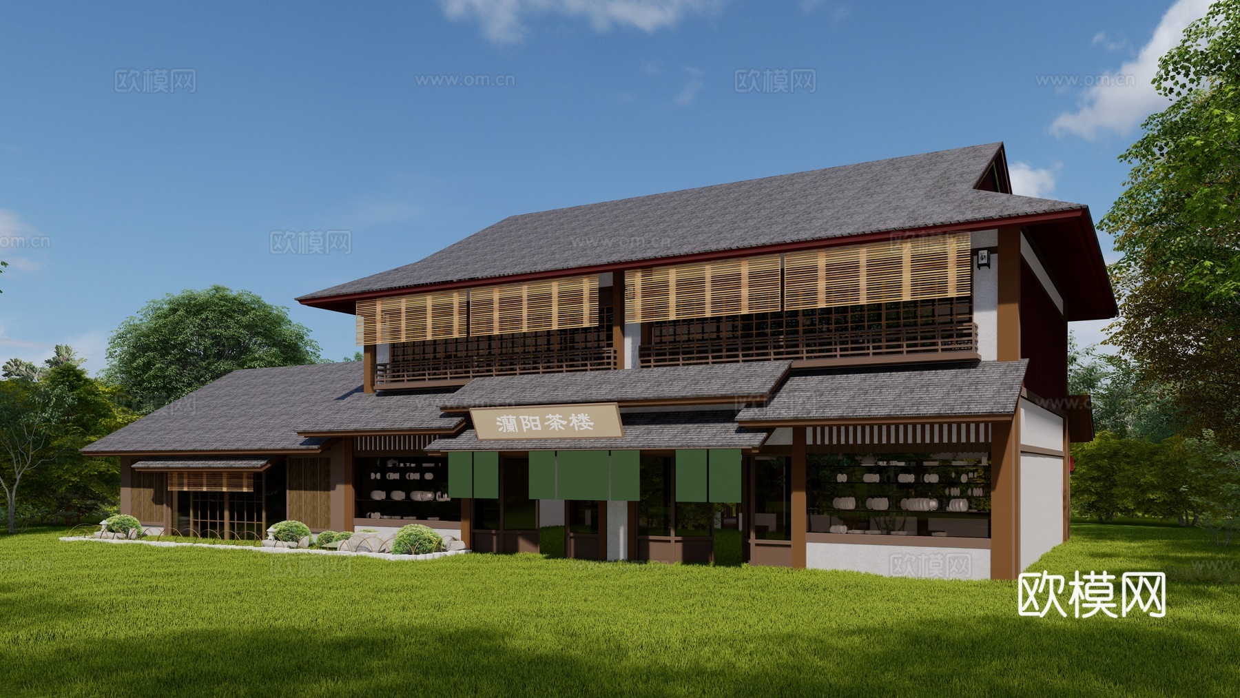 新中式茶楼建筑外观su模型下载