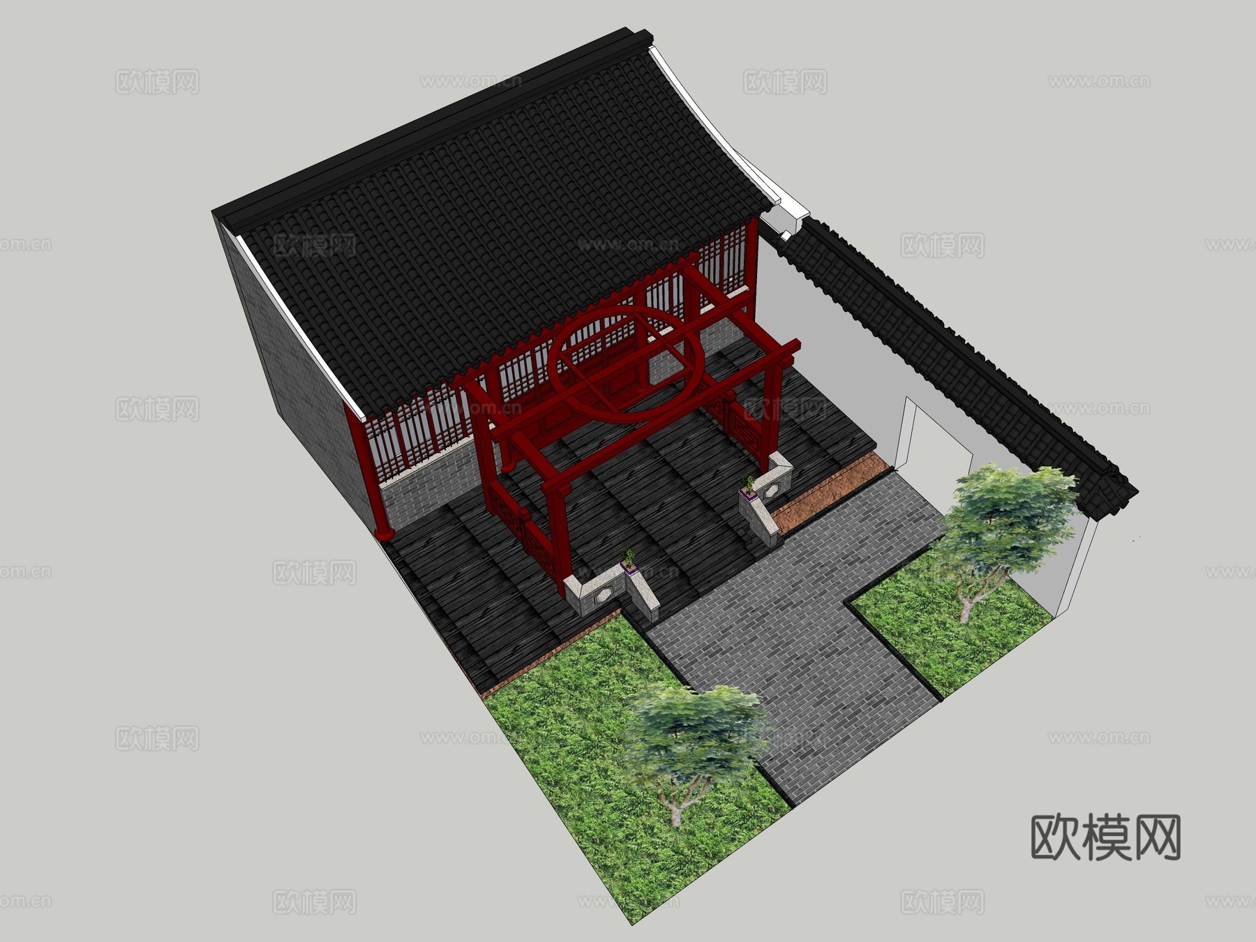 新中式庭院景观su模型下载