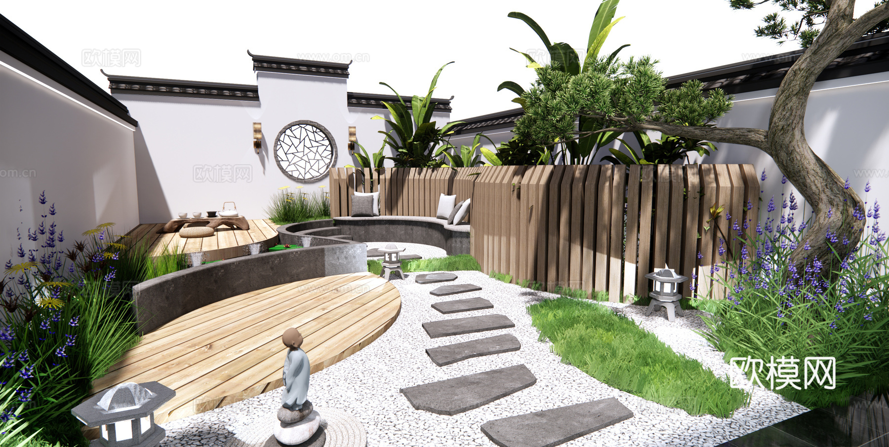 新中式庭院花园su模型下载