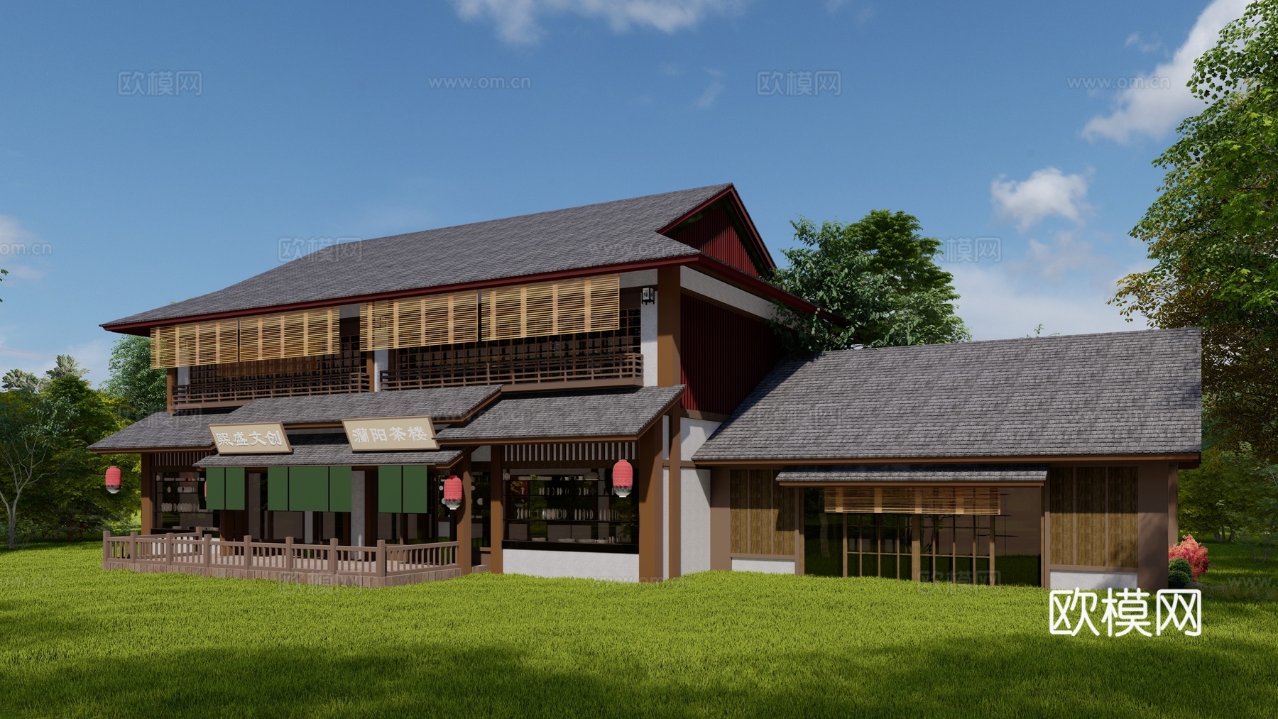 新中式茶楼建筑外观su模型下载