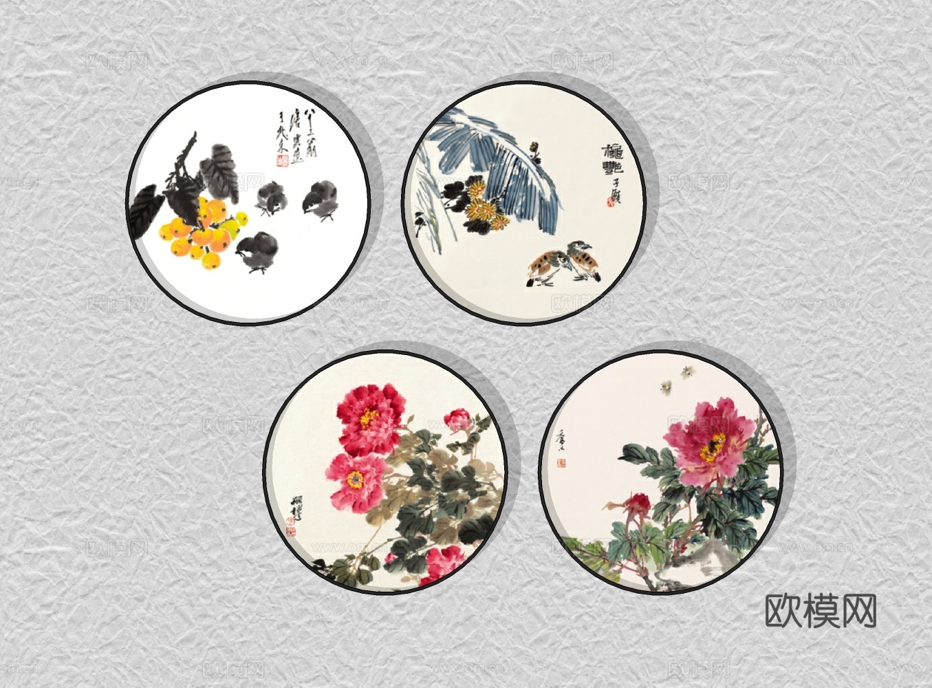 新中式花卉装饰画su模型下载