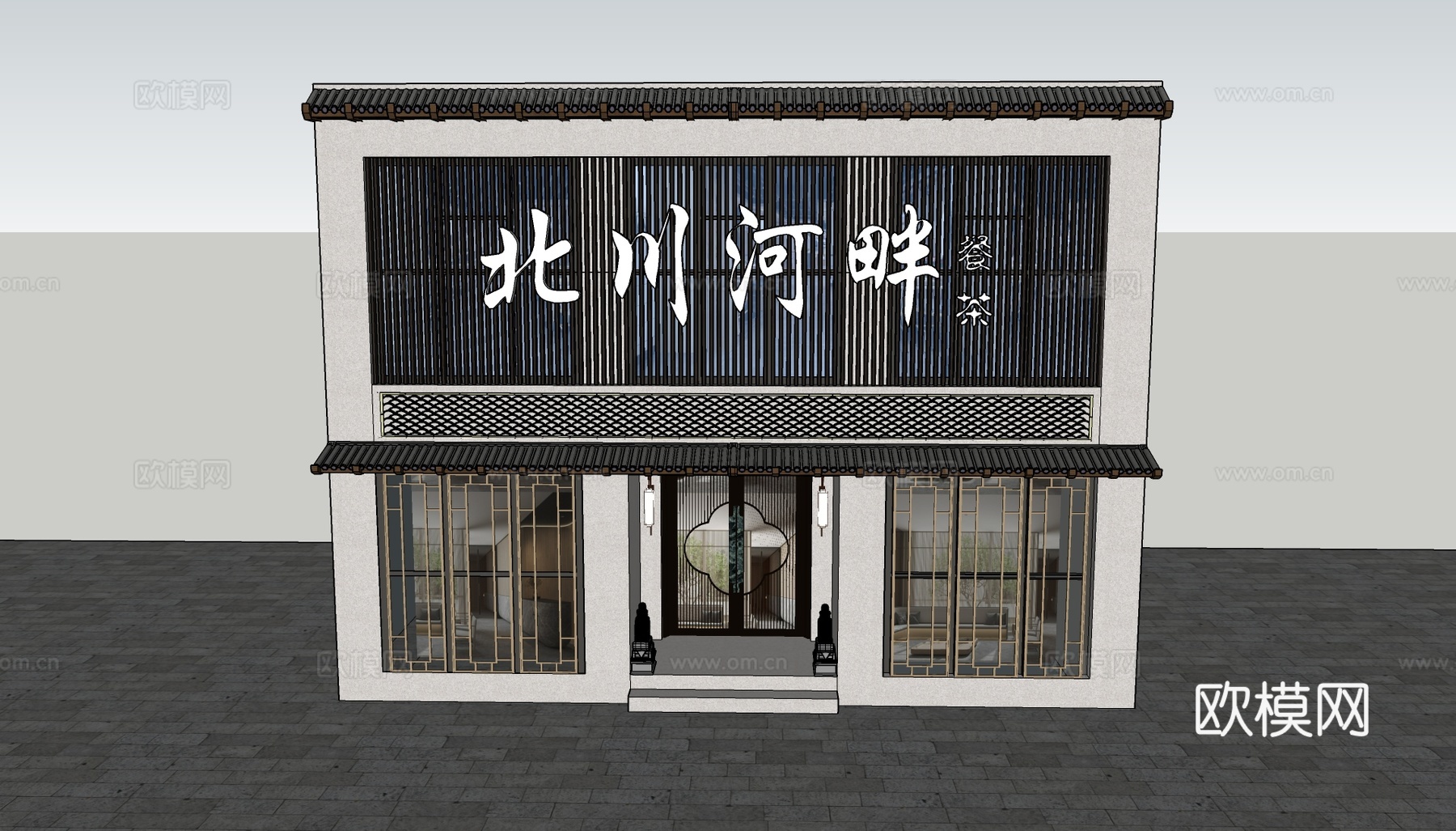 新中式茶餐厅门头门面su模型下载